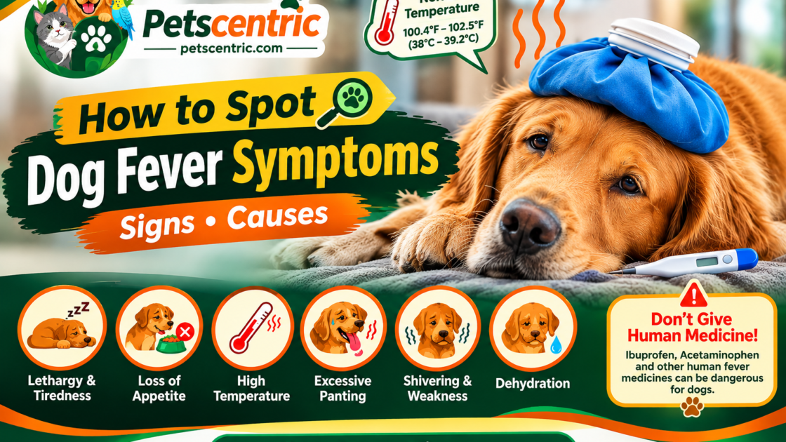 Dog fever symptoms including high temperature, lethargy, shivering, panting, and dehydration