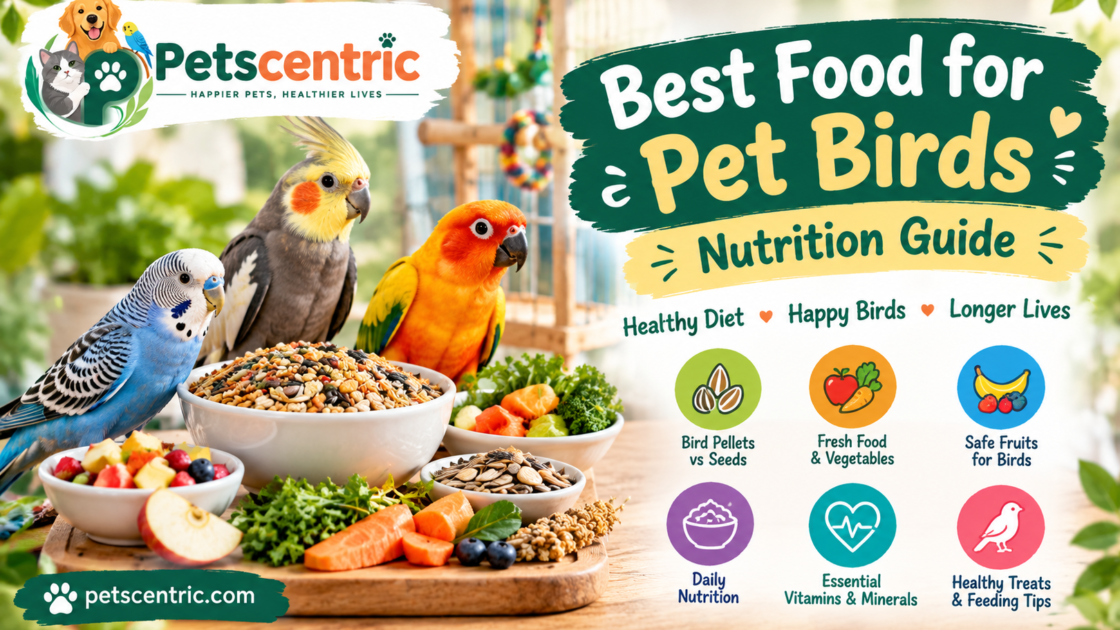Best food for pet birds with healthy seeds, pellets, fruits, vegetables, nuts, and three colorful pet birds