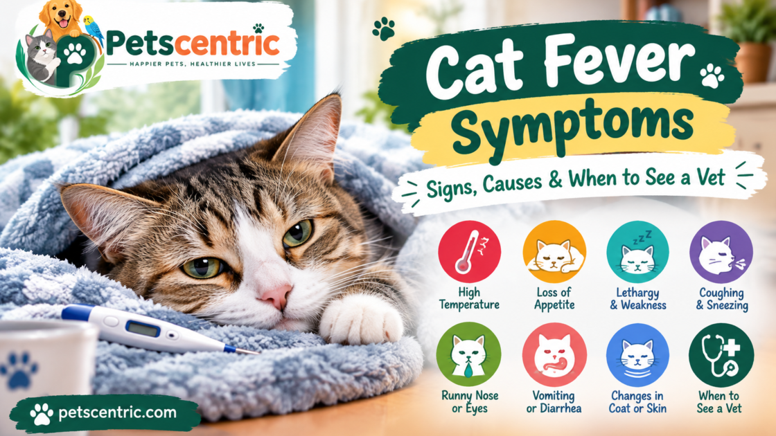 Cat fever symptoms with a sick cat, thermometer, and signs including high temperature, loss of appetite, lethargy, coughing, and vomiting