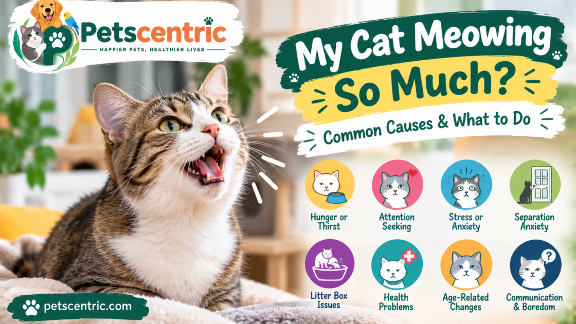 Cat meowing loudly with common causes including hunger, attention seeking, stress, separation anxiety, and health problems