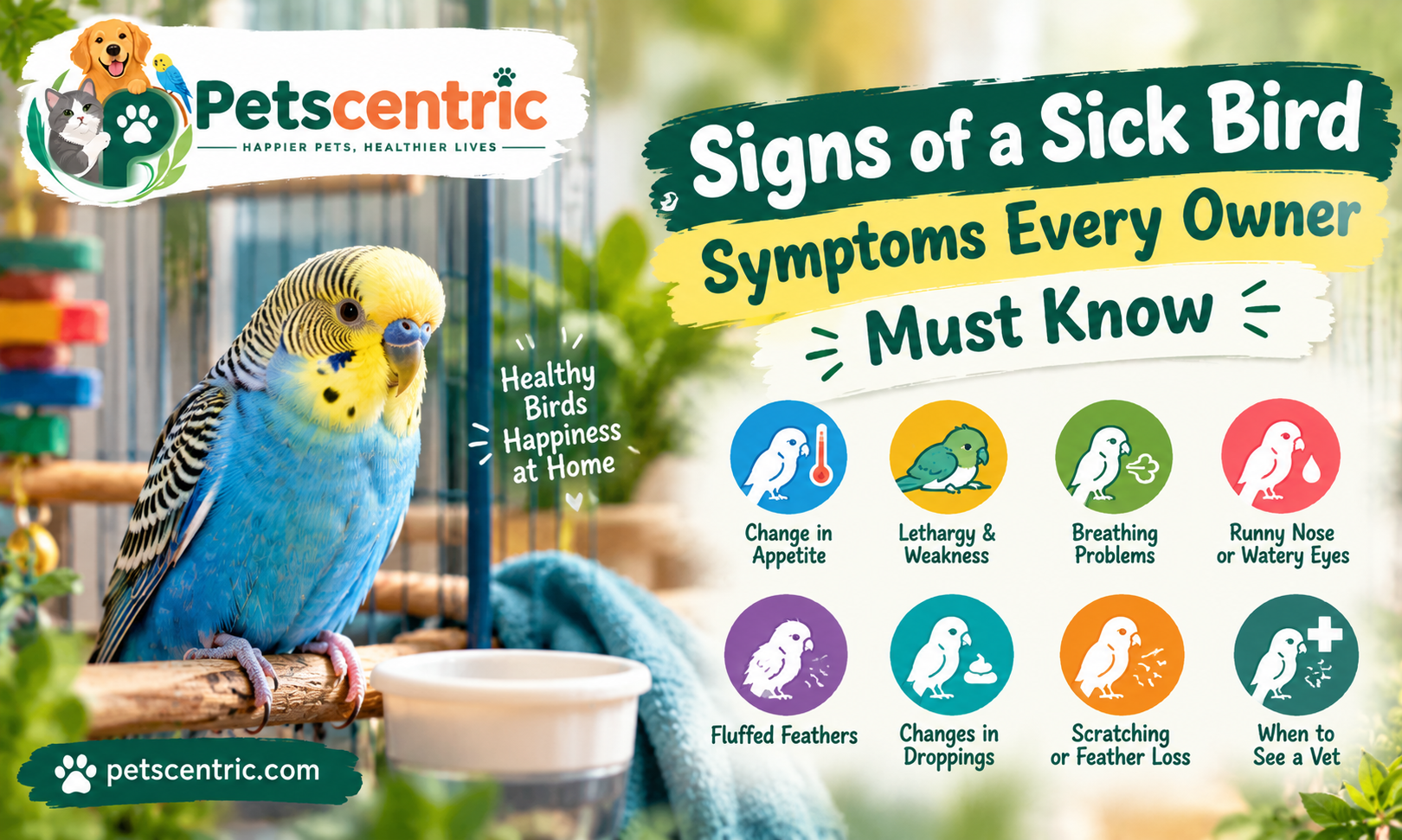 Signs of a sick bird including appetite changes, lethargy, breathing problems, fluffed feathers, and watery eyes in a blue and yellow budgie